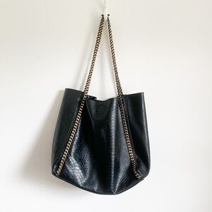 Black Croc Print Vegan Leather Tote Bag With Gold Metal Chain Strap
